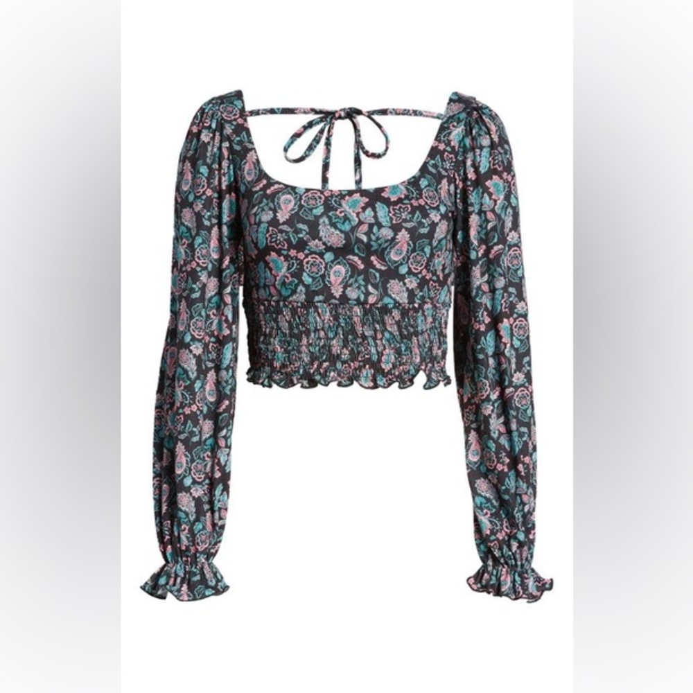 TopShop - Crop Smocked Square Neck Blouse in Black Paisley - NWT